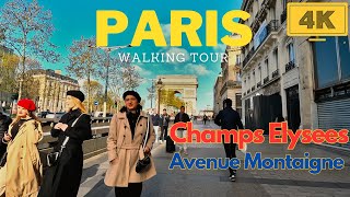 Tour in PARIS, Avenue Montaigne, Unsafe Champs Elysees, 4K Walk in April 2023 WITH CAPTIONS