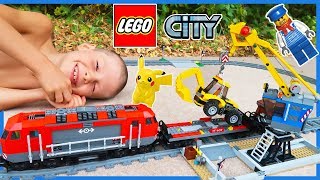 Lego City Train Set with Backhoe and Crane | Heavy Haul Time Lapse Build!