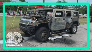 This Hummer burst into flames while carrying gallons of gasoline