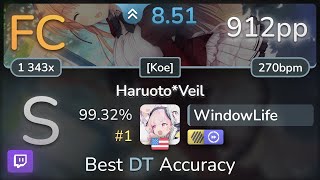 🔴 WindowLife | Ceui - Haruoto*Veil [Koe] +HDDT 99.32% (#1 912pp FC) - osu!