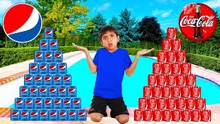 Coke vs Pepsi Pretend Play! Funny Boy Goes Shopping & Play Stacking Game