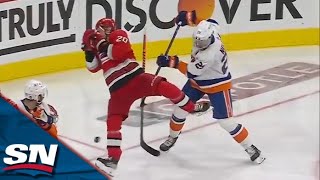 Islanders' Brock Nelson Bats Puck In Out Of Mid-Air After Shot Hits Off Sebastian Aho's Face