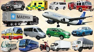 Street Vehicles Names and Sounds Collection | Police Car, Ambulance, Fire truck, Airplane, Trucks