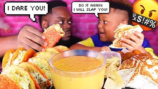 BOY HITS HIS DAD BECAUSE OF THIS! CHEESY TAKIS TACO MUKPRANK! (TACO BELL MUKBANG) | BEAST \u0026 JUJU