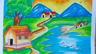 step by step scenery drawing with colours # how to draw oil pastel scenery # landscape # painting #