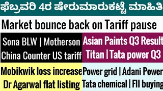 Asian Paints | Titan | Tata power| Mobikwik | Q3 Result | Share Market In Kannada news February 4