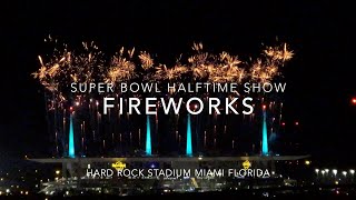 Fireworks during the Halftime Show at the 2020 Super Bowl at Hard Rock Stadium in Miami Florida