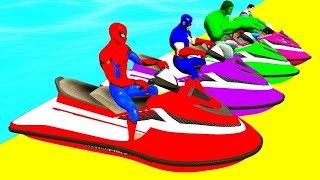 Colors JETSKI And BIKES Superheroes Spiderman Cartoon 3D Animation color motorcycle with superheroe