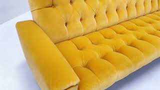 Mid Century Yellow Velvet Danish Four Seat Sofa.