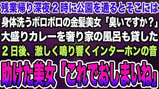 【感動する話】残業帰り深夜2時に公園を通るとそこには身体洗うボロボロの金髪美女「臭いですか？」大盛りカレーを奢り家の風呂も貸した2日後、激しく鳴るインターホン音。美女「これでおしまいね