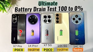 POCO X7 Pro Vs realme 14 Pro Plus Vs POCO X7 Vs realme 14X Vs Redmi 14C 5G Full Battery Drain Test 🔥