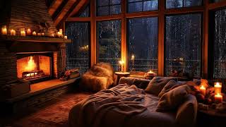 Go to Sleep w/ Relaxing Rain Sounds with Fireplace Crackling in Cozy Hut Ambience