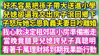 好不容易把孫子帶大送進小學，兒媳卻逼我交出房子滾回鄉下，子怒斥她忘恩負義夫妻日吵離婚，我心軟決定租郊區小房準備搬走，當晚竟聽見兒媳誇兒子真聰明，看著千萬理財將到期我果斷行動！#情感故事 #花開富貴