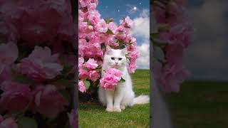 Cute little white cat holding a bouquet of pink camellias