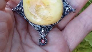 Exceptional Alena Zena Butterscotch Amber Shield Pendant, Sterling Silver (Close-Up)