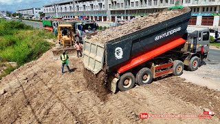 Massive Hyundai Dump Truck Dumping Soil Huge Size Landfill \u0026 Use Komatsu D41P Bulldozer Pushing Soil