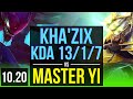 KHA'ZIX vs MASTER YI (JUNGLE) | KDA 13/1/7, Legendary | BR Master | v10.20