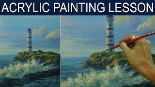 Acrylic Landscape Painting Tutorial | Lighthouse and Crashing Waves by JM Lisondra