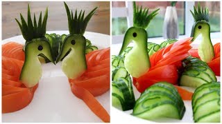 Simple Cucumber & Tomato Swans - Fruit Vegetable Carving Garnish | Cucumber Sushi Garnish