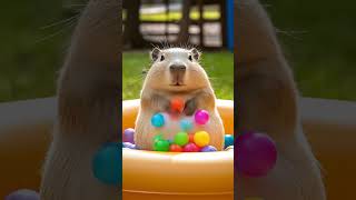 Capybara baby at play A Capybara is playing in a small pool filled with colorful ocean balls, ru