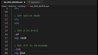 Converting 65816 naken_asm assembly code to ca65 assembly code (Mike Kohn's blinking LED demo)