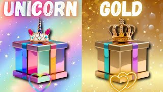 Choose your gift 😍🎁😱|| 2 gift box challenge|| Unicorn vs Gold 🦄💛 #giftboxchallenge