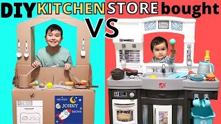 DIY Play Kitchen VS Store Bought Play kitchen Pretend Play Sibling Rivalry Cardboard Toy Kitchen