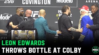 Leon Edwards throws bottle at Colby Covington after late dad joke | UFC 296 press conference
