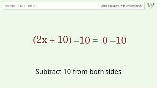 Linear equation with one unknown: Solve (2x++10)=0 step-by-step solution