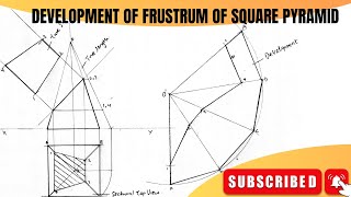 Development of frustrum of square pyramid | engineering drawing