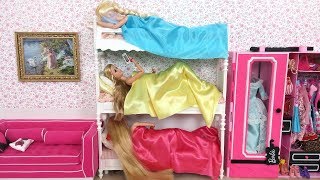 Barbie Elsa Rapunzel Bunk Bed Bedroom Morning Routine باربي الروتين الصباحي Barbie Rotina da manhã