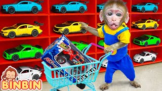 Monkey Binbin pretend to buy Monster Truck on Hot Wheels Track with Puppy | MONO BINBIN ESP