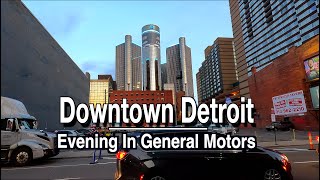 Downtown Detroit Michigan Evening Inside General Motors Walk| 5K 60FPS | City Sounds