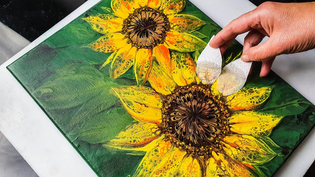 SUPER EASY Sunflower Painting! Awesome Acrylic Pouring Techniques | AB ...