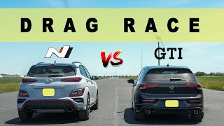 2022 VW Golf GTI vs 2022 Hyundai Kona N, you aren't prepared for this. Drag and Roll Race.