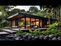 Exploring a Modern Rustic Wooden & Stone Cabin with Large Windows & Lush Tropical Garden Landscape