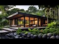 Beautiful Modern Rustic Wooden & Stone Cabin with Large Windows & Lush Tropical Garden Landscape - 2