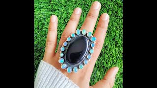 LARGE black onyx ring, Ethopian opal ring, 925 silver onyx ring,gemstone ring, Black Stone Ring.