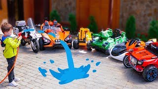 Tema washing cars and ride on Power Wheels cars collection