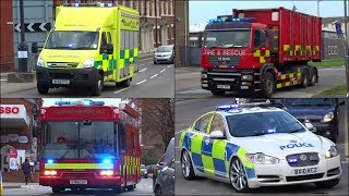 Specialist Fire Trucks, Police Cars and Ambulance vehicles responding with siren and lights