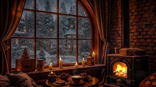 Relaxing Winter Snowfall by the Window on Cozy Cabin Ambience - Fireplace Sounds for Sleep \u0026 Focus