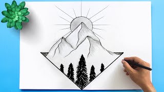 Mountain landscape Drawing | How to Draw Abstract Landscape - Easy Pencil Drawing Landscape Drawing