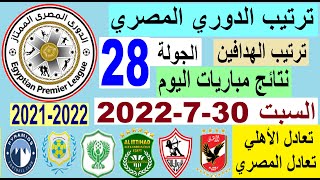 ترتيب الدوري المصري وترتيب الهدافين ونتائج مباريات السبت 30-7-2022 من الجولة 28