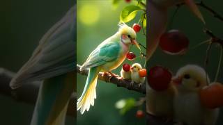 Cute bird and her chicks eating fruits