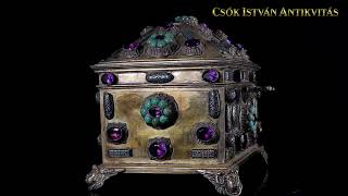 Antik ezüst pénztartó láda ametiszt kövekkel - Antique silver treasure chest with amethyst stones