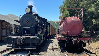 Skookum #7 with freight cars and caboose leaving Sunol, CA 5/27/23