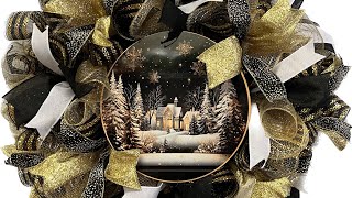 Black and Gold Christmas Deco Mesh Wreath |Hard Working Mom |How to