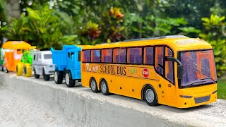 Satisfying Toy School Bus, Garbage Truck, Dump Truck, Auto Rickshaw  Hand Driving On Boundary Wall