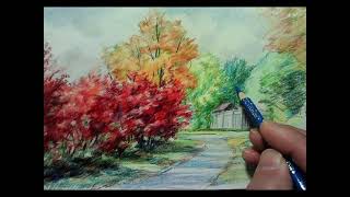 How to draw landscape with color pencil Demo#8 彩铅风景画教程第8篇