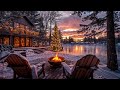 4k snowy christmas ambience by the lake winter sunset with gentle snowfall. relaxing warm fire pit